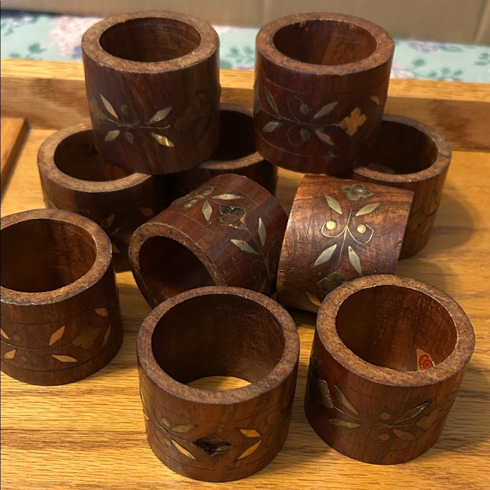 Handcrafted Wooden Napkin Rings with Floral Inlay - 10